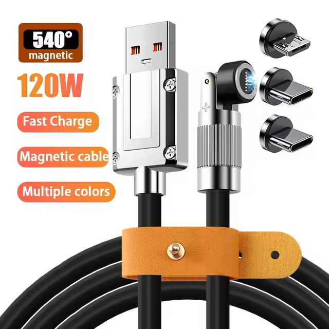 6A 3 1 Magnetic Fast Charger Cable 540 Degree Rotation Head 120W Silicone Data Charging Cable for iPhone Samsung Printer Use
