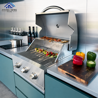 Module de cuisine extérieure de luxe avec auvent relevable à LED, barbecue à gaz, évier, réfrigérateur et support TV pour îlot BBQ de villa ou de jardin