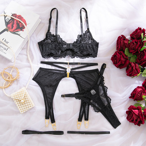 Wholesale Black Lace Sexy Lingerie 4Pcs Set Underwire Bra O‑Ring High Waist Garter Belt <b>Thigh</b> Straps Women See Through Nightwear - Product Image 6
