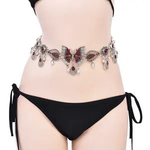 Moda Metal kemer gümüş renk zinciri kadınlar için kırmızı kristal kelebek desen vücut bel zincirleri