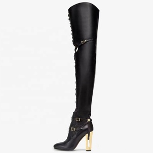 Lace up Hollow Upper Buckles Black Over Knee Women <b>Boots</b> 10cm Cut Out High Chunky Heel Long Booties Fashion Show Shoes - Product Image 1