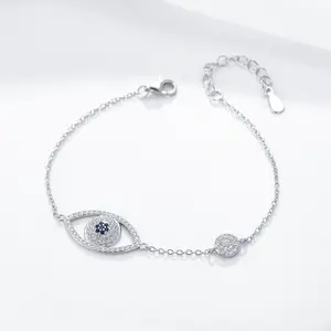 Sterling Silver 925 Devil Eye Bracelets Women Dainty Cubic Zirconia Link Chain Bracelet Blue Eye Jewelry Gift