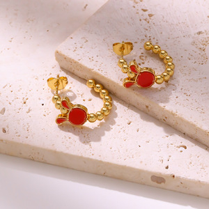 Pendientes de Aro de Acero Inoxidable Chapados en <span class=keywords><strong>Oro</strong></span> con Diseño de Conejo y Concha Blanca, Pendientes de Moda para Mujer - Product Image 2