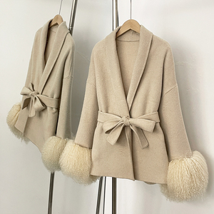 OFTBUY invierno personalizado cálido nuevo elegante corto invierno esponjoso Real mongol piel de cordero puños con cinturón abrigo de lana de doble cara mujeres - Product Image 4
