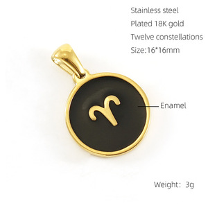 Colgante de esmalte negro con disco redondo de 16 mm y 12 signos del zodiaco |   Acero Inoxidable con Baño de Oro de 18K PVD, Resistente al Agua y Sin Decoloración, para Joyería DIY - Product Image 6