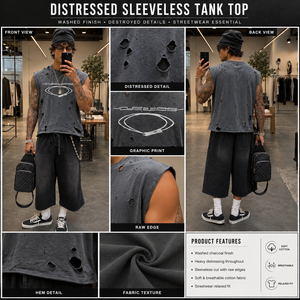 Camisetas sin mangas OEM para hombre, estilo urbano, con efecto desgastado, rotos, estampados, lavado ácido, <span class=keywords><strong>de</strong></span> algodón - Product Image 3