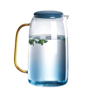 High Quality 1.5L Blue Crystal Clear Borosilicate Glass Water Pot/ Jug/ Pitcher with Gold Handle