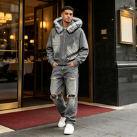 Blouson à capuche épais délavé pour homme en nylon/coton avec col en fausse fourrure, orné de rivets perlés et de points, fermeture éclair, hiver, anti-plis