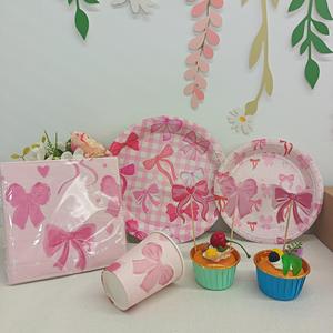 Ensemble de vaisselle jetable DAMAI sur le thème du nœud rose pour fête d'anniversaire, assiettes, gobelets, serviettes, fournitures de fête pour filles - Product Image 1