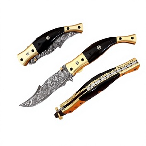 Cuchillo de caza plegable de acero de Damasco con hoja de punta caída, mango personalizado y pomo para el pulgar, utensilio de exterior - Product Image 1