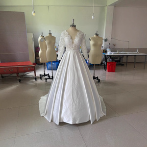 Wedding Dress A-Line V-Neck Lace Mid Sleeve Ivory White Natural Waistline Simple Style - Product Image 4