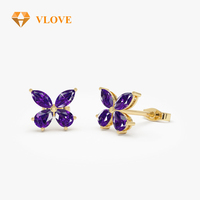 VLOVE Boucles d'oreilles clous papillon 6 mm en or massif 14K 18K et plaqué or avec pierres précieuses naturelles multi-lab, bijoux personnalisés pour femme