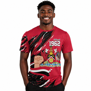 Camiseta con mapa nacional de <span class=keywords><strong>Trinidad</strong></span> y Tobago con ibis escarlata y escudo de armas sobre un tema de estrella roja y blanca, 31 de agosto de 1962 - Product Image 1