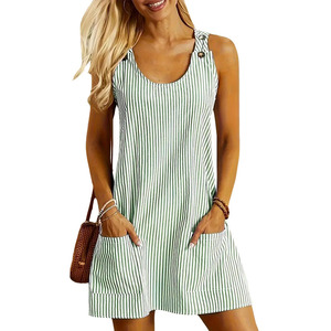 Nouvelle Robe Décontractée à Col Rond avec Poches et Bretelles Rayées, Boutons, Robe Courte d'Été Unie Sans Manches pour Femme - Product Image 4