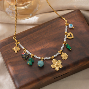 <span class=keywords><strong>Collana</strong></span> Boho Chic in Acciaio Inossidabile Placcato Oro 18K PVD <span class=keywords><strong>con</strong></span> Perle, Perline Verdi, Fiori, Cuori e Occhi - Gioielli alla Moda - Product Image 3