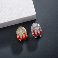Grillz Iced Out plaqué or 14K avec zircone cubique, motif flamme simple ou double, et capuchons dentaires inférieurs en émail rouge, bijoux buccaux Hip Hop