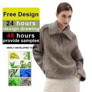 High necked half front hemmed wool sweater for autumn and winter new style with thick knit collar for women's clothing