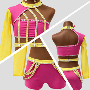 Costume de danse jazz rose et jaune pour filles, tenue de scène avec strass, manches longues en maille, tenue de danse hip hop, spandex/polyester - Product Image 2