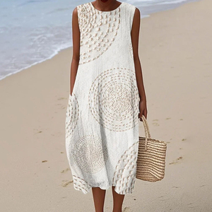Robe tendance sans manches, col rond, taille élastique, tissu texturé en polyester avec imprimé tortue marine et étoile de mer - Product Image 5