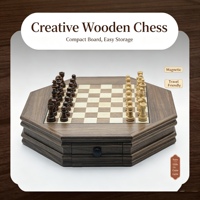 Échecs magnétiques en bois de haute qualité, plateau d'échecs en bois massif créatif en forme de polygone avec tiroir de rangement, jeu de société éducatif
