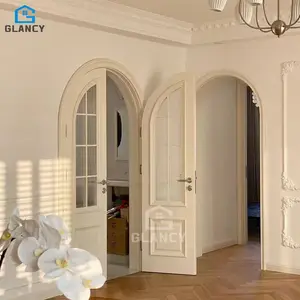 Fabricante superior de China, puerta francesa arqueada, puertas arqueadas de madera interiores dobles con vidrio templado