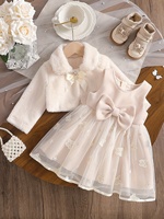Ensemble deux pièces doux pour bébé fille, robe et manteau en peluche avec détails brodés et nœuds, 100% polyester, pour festival d'hiver