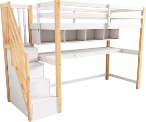 Grand <span class=keywords><strong>lit</strong></span> superposé mezzanine <span class=keywords><strong>en</strong></span> <span class=keywords><strong>bois</strong></span> <span class=keywords><strong>blanc</strong></span> de 90x200 cm avec étagères de rangement durables pour garçons et filles à l'école - Product Image 6