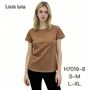 T-shirt estiva da donna HDJ con scollo rotondo e maniche corte, taglia plus, traspirante, casual, in cotone, marrone chiaro, H7019-8 - Product Image 1
