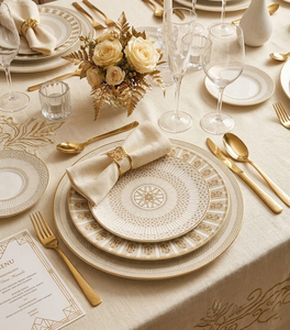 Service <span class=keywords><strong>de</strong></span> <span class=keywords><strong>table</strong></span> en céramique blanc et or <span class=keywords><strong>de</strong></span> luxe, assiettes en porcelaine à bordure géométrique, vaisselle <span class=keywords><strong>Art</strong></span> Déco pour mariage, hôtel, maison, banquet - Product Image 2