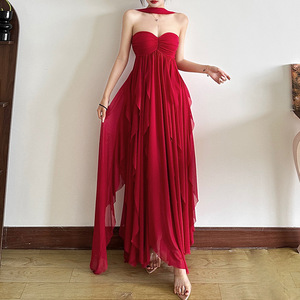 Robe longue en mousseline de soie à bretelles françaises, sexy, dos nu, irrégulière, à volants - Product Image 2