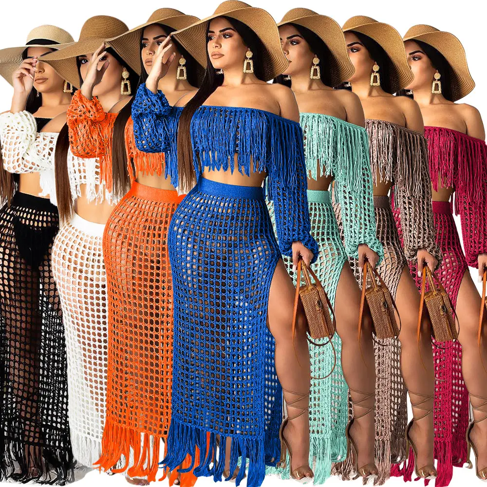 Sharee 2024 faldas de verano para mujer de manga larga Crop Top Slit Maxi falda Crochet borla hueco elegante mujeres 2 piezas conjuntos