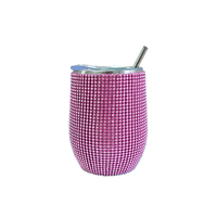 Verre à vin miniature de 12 oz avec couvercle hermétique et paille, en acier inoxydable 304 à double paroi sous vide, incrusté de diamants.