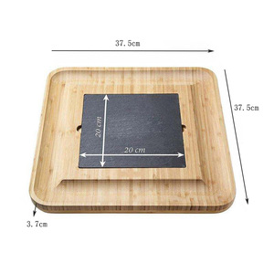 Plateau à fromage en bambou avec couteau, fourchette et planche en ardoise pour servir des fruits, des en-cas, du jambon et du pain - Product Image 4