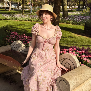 Abito Lungo Elegante da <span class=keywords><strong>Donna</strong></span> in 100% <span class=keywords><strong>Lino</strong></span> con Stampa Floreale Rosa, Scollo Quadrato e Maniche Corte, Stampa Digitale per Invitate a un Matrimonio - Product Image 2