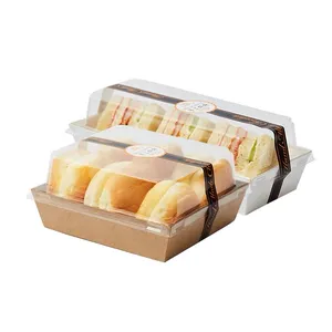 Kotak kemasan kertas roti persegi kotak nampan Kraft putih sekali pakai kue dengan tutup plastik