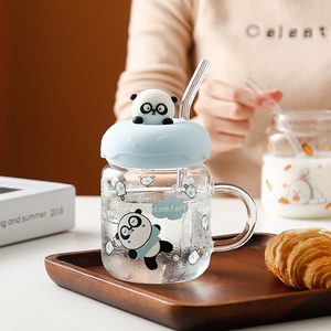 Lindo patrón de dibujos animados taza de vidrio con tapa pajita resistente a altas temperaturas taza de leche para el desayuno para niños para presentaciones de agua - Product Image 3