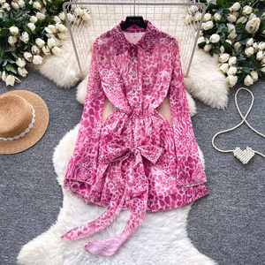 Elegante <span class=keywords><strong>Abito</strong></span> Camicia <span class=keywords><strong>Viola</strong></span> con Stampa Animalier da Donna, in Chiffon Fluido a Maniche Lunghe, con Cintura in Vita, <span class=keywords><strong>Mini</strong></span> <span class=keywords><strong>Abito</strong></span> Casual - Product Image 2