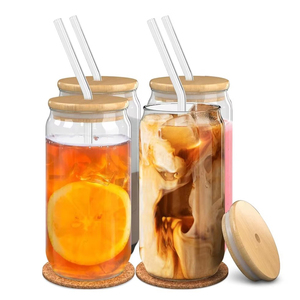 Vasos de Vidrio de Borosilicato con Descuento, <span class=keywords><strong>Precio</strong></span> Directo de Fábrica, para Bebidas, <span class=keywords><strong>Agua</strong></span>, Cola, Cerveza, con Tapa de Bambú y Pajita - Product Image 1