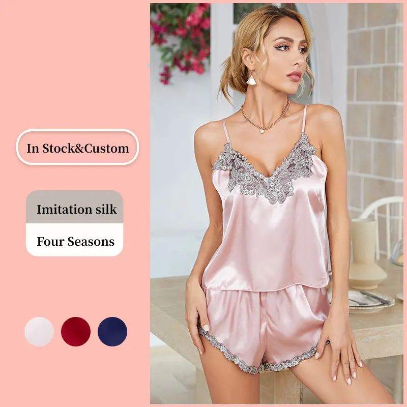 Wholesale 2023 New Sexy Girls Sleepwears Short Lounge Wear 2 Piece Nightwear Satin Silk Pajamas For Women Set