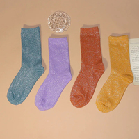 Chaussettes d'Équipage en Soie Or et Argent pour Femmes, Couleurs Bonbon, Coton Tricoté, Filigrane Scintillant, Paillettes et Motif Dessin Animé, Caractéristique Chaleureuse