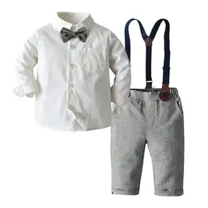 Hot Sale Chic Formal Toddler Boy Clothing Sets Herringbone Shirt Solid Pattern Pants with Hat Suit for Baby Boys