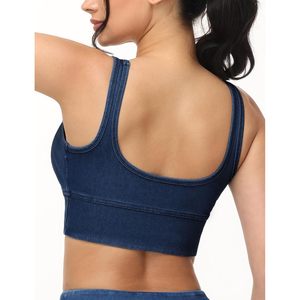 Soutien-gorge de sport long en denim froncé pour femme, col en V, rembourré, respirant, pour le fitness - Product Image 4