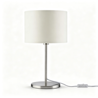 Lampe de table moderne en tissu, avec support en métal nickel brossé et abat-jour cylindrique en tissu crème, idéale pour chambre à coucher et hôtel