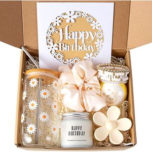 Floral <b>Daisy</b> Birthday <b>Gift</b> Set with Glass Cup and Scented Candle for Women - Product Image 2