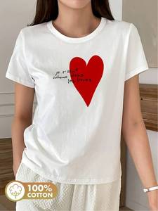 T-shirt bianca da donna Lion Brand con stampa di testo in francese con cuore rosso, girocollo, manica corta, in jersey traspirante, vestibilità casual, taglia S XXL - Product Image 3