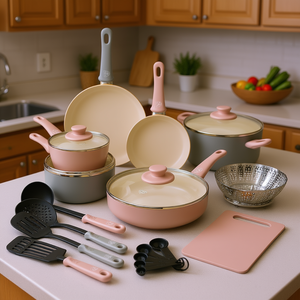 Set di Pentole in Ceramica Antiaderente 18 Pezzi Grigio Rosa con Utensili Lavabile in Lavastoviglie Adatto al Forno Coperchi in Vetro Design Moderno - Product Image 2