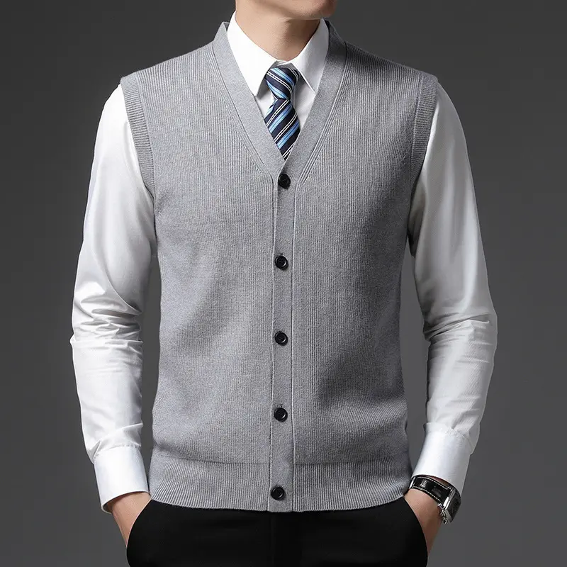 Men's Knitwear Cardigan Sweater Manufacturer Custom Sleeveless V Neck Pockets wool Cable Plaid Men Sweater Vest