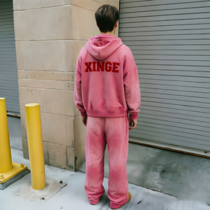 Conjunto de Sudadera con Capucha y Pantalones de Chándal Personalizado de Forro Polar de 450 GSM, con Lavado Ácido, Efecto Desgastado, Pintado, Bordado, Teñido Liso y Pedrería, con Cremallera - Product Image 4