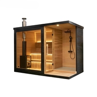 Sauna extérieur traditionnel en bois massif pour 2 personnes avec douche, cabine froide à combustion de bois