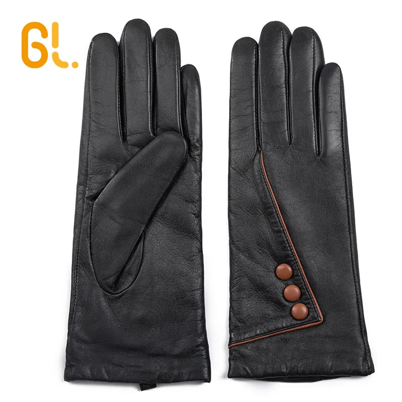 GL28 Ladies Wholesale Dress Custom Lambskin Leather Winter Brown Button Gloves Women